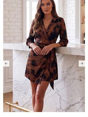 AX Paris Brown and Black Satin Tie-Waist Mini Wrap Dress NEW! UK size 12/US 8